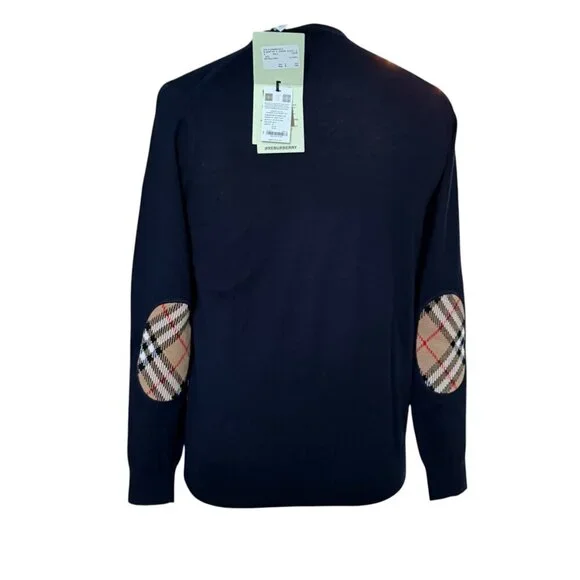 Burberry BEMPTON Navy Blue  Merino Wood Check Patch Pullover sweater, all sizes - Picture 2 of 11
